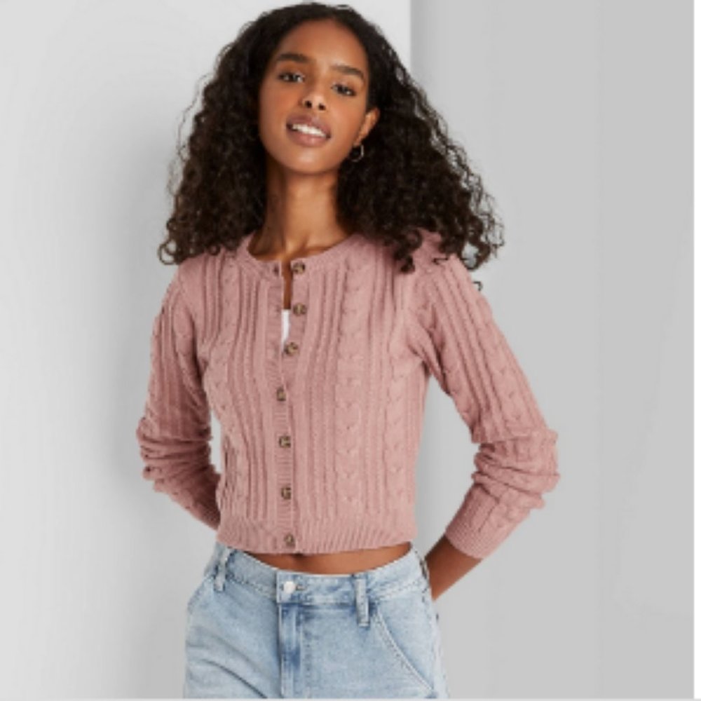 Wild Fable Cable Knit Crewneck Cardigan button-front Size XS 0-2 Mauve New